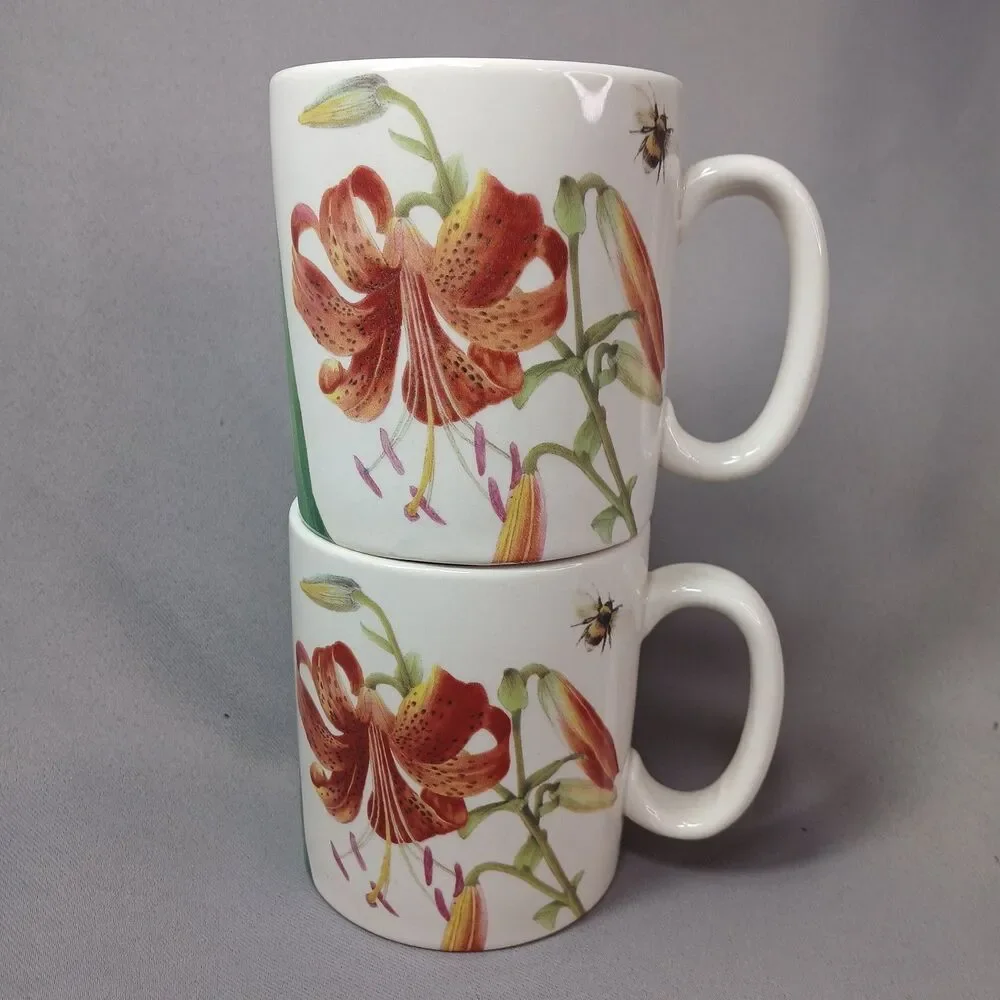 2 Spode Floral Haven Coffee Mugs Tea Cups Orange Lily Imperialware Vintage 2004